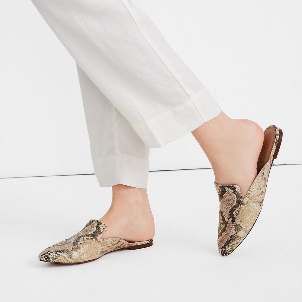Madewell Frances Skimmer Flat Mules in Neutral Leather Snake Print - Picture 2 of 8